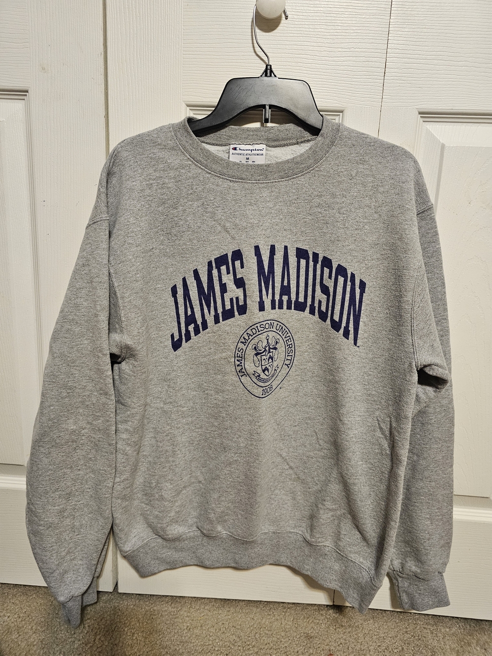 Champion Gray Crewneck with Navy James Madison University Logo